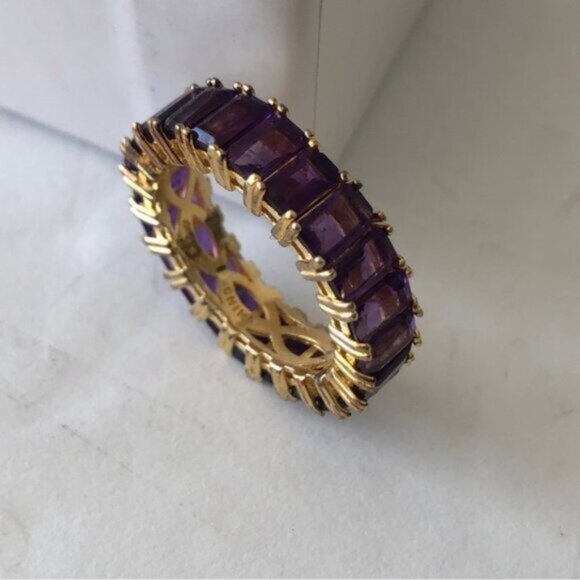 Emerald Cut Band Gold Plated Sterling Silver 925 Gen Amethyst Purple Ring Sz.8 - Picture 15 of 16